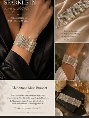 Silver Rhinestone Mesh Bracelet ✨ Adjustable Statement Bracelet